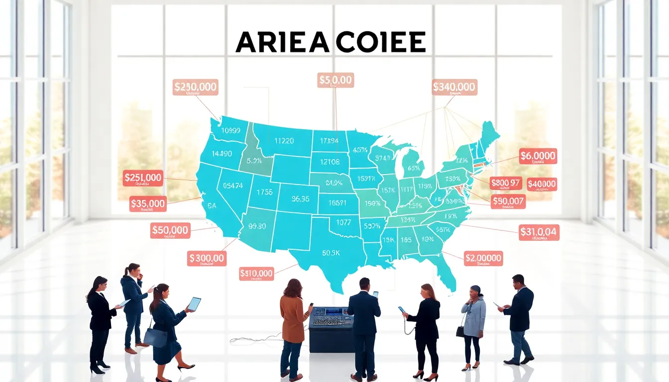 Infographic of area codes with professionals in a modern office.