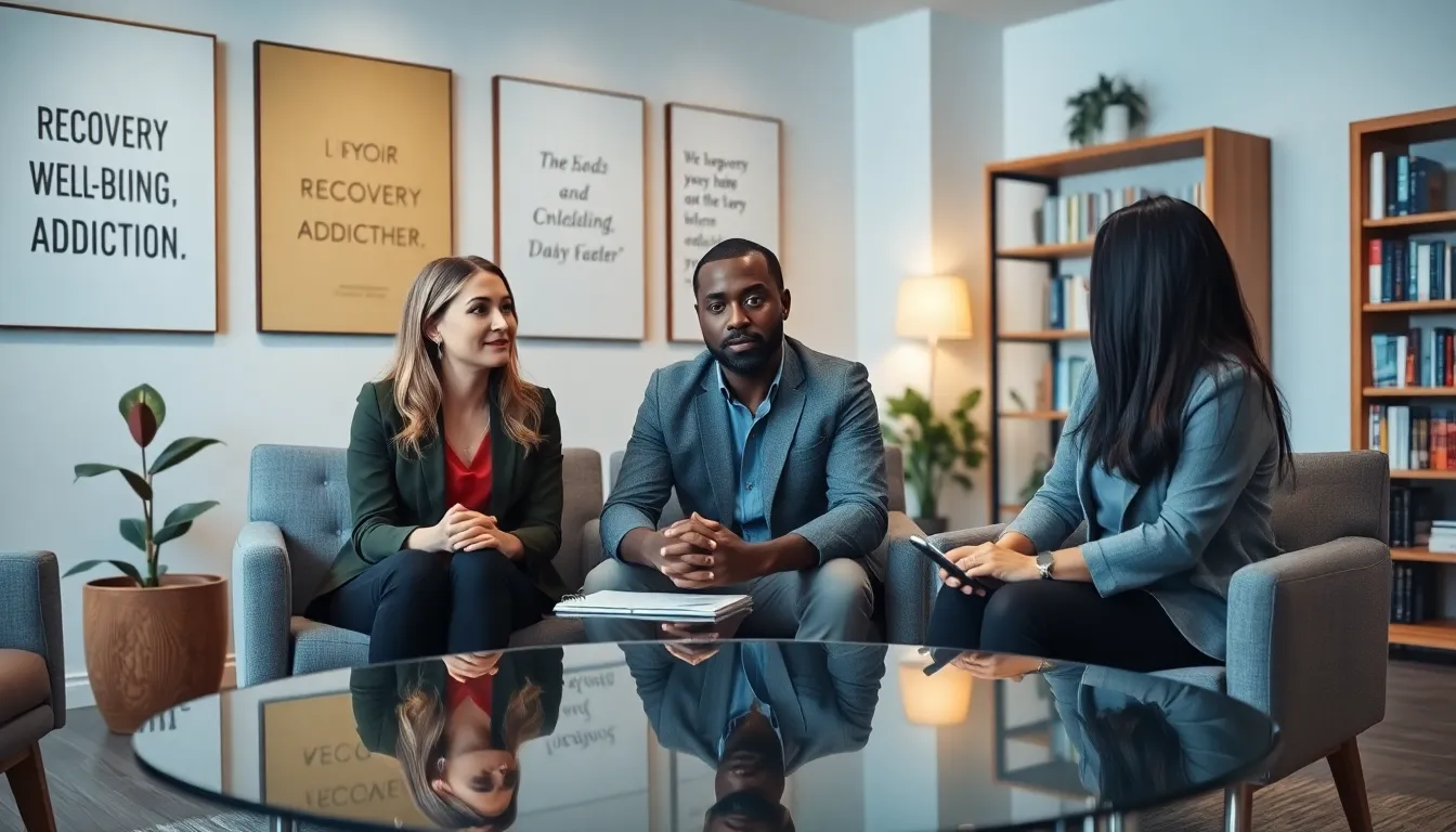 professionals discussing addiction in a modern counseling office.