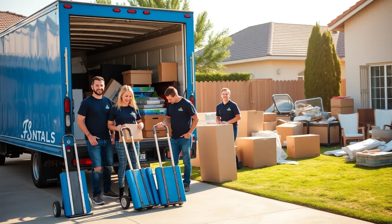 diverse team of junk haulers loading items into a truck in a residential area.